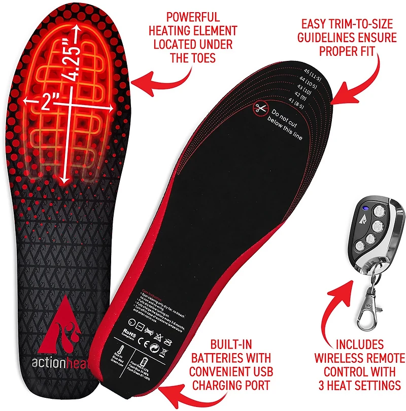 ActionHeat 3.7 Volt Rechargeable Heated Insoles with Remote