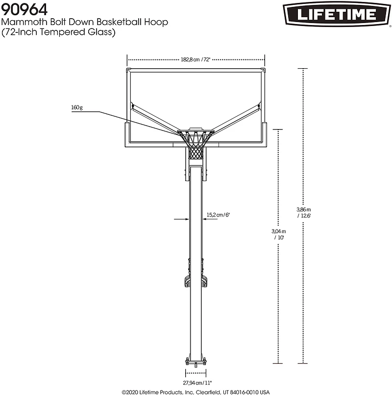 Lifetime Mammoth Bolt Down 72 in Glass Basketball Hoop