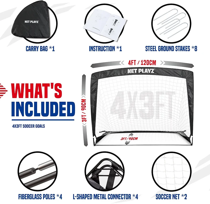 NetPlayz 4 ft x 3 ft x 3 ft Instant Pop-Up Portable Soccer Goals 2-Pack