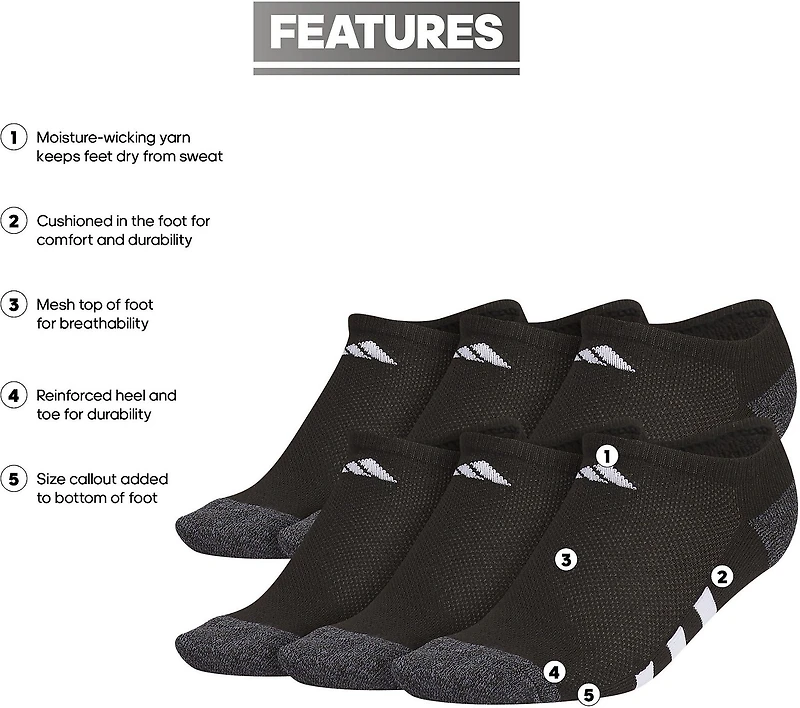 adidas Youth Cushioned No Show Socks 6 Pack