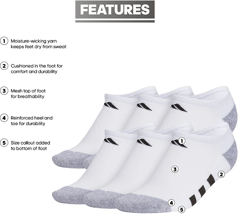 adidas Youth Cushioned No Show Socks 6 Pack