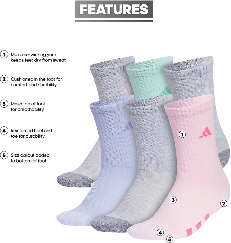 adidas Girls' Cushioned Crew Socks 6 Pack