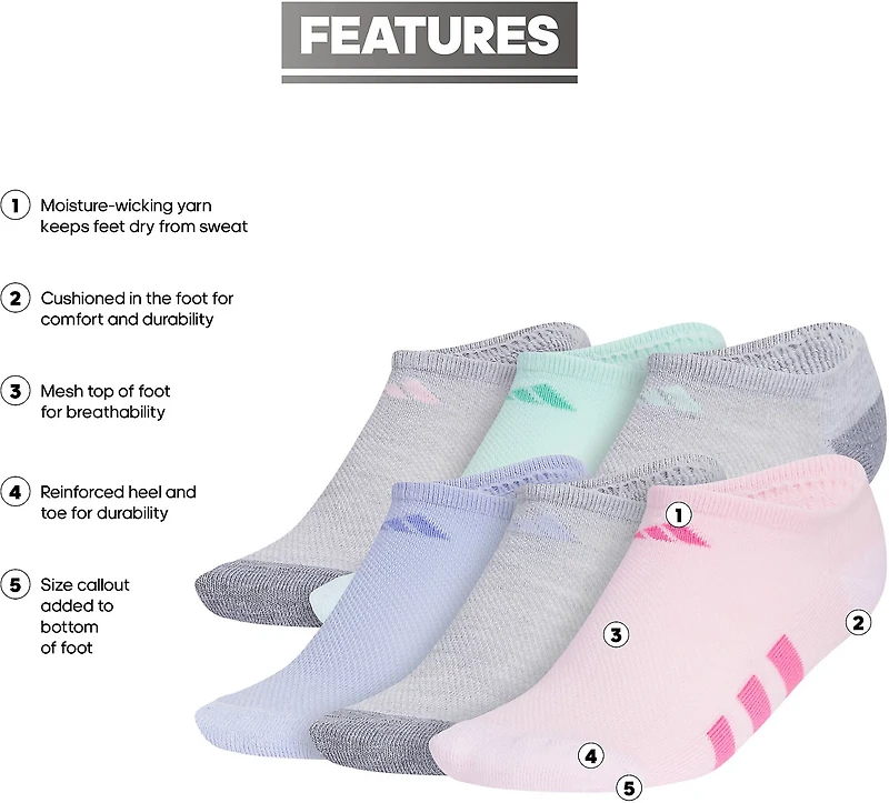 adidas Girls' Cushioned No Show Socks 6 Pack