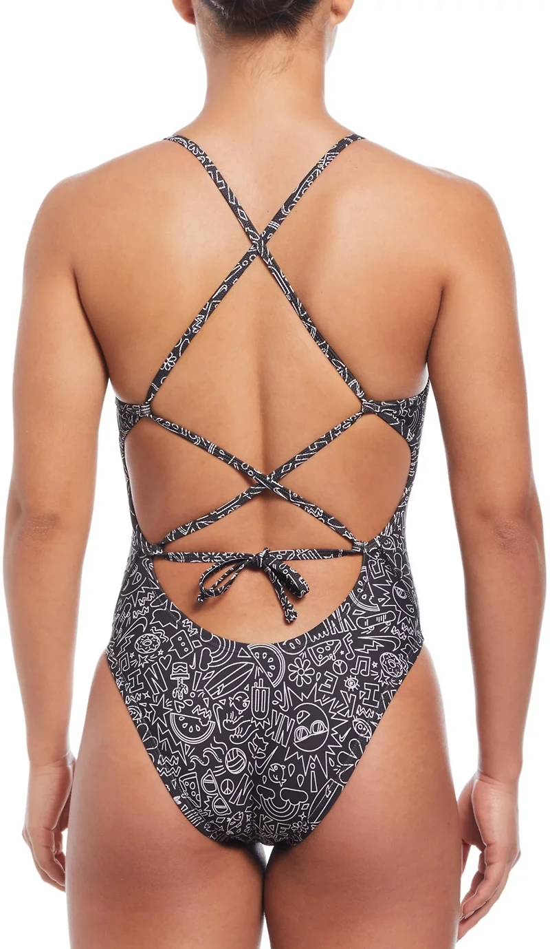 Nike Women's HydraStrong Multi-Print Lace Up Tie Back One Piece Swimsuit