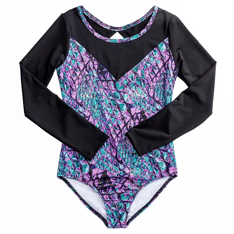 Rainbeau Moves Girls' Studded Serpent Print Long Sleeve Leotard