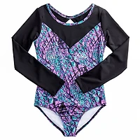 Rainbeau Moves Girls' Studded Serpent Print Long Sleeve Leotard