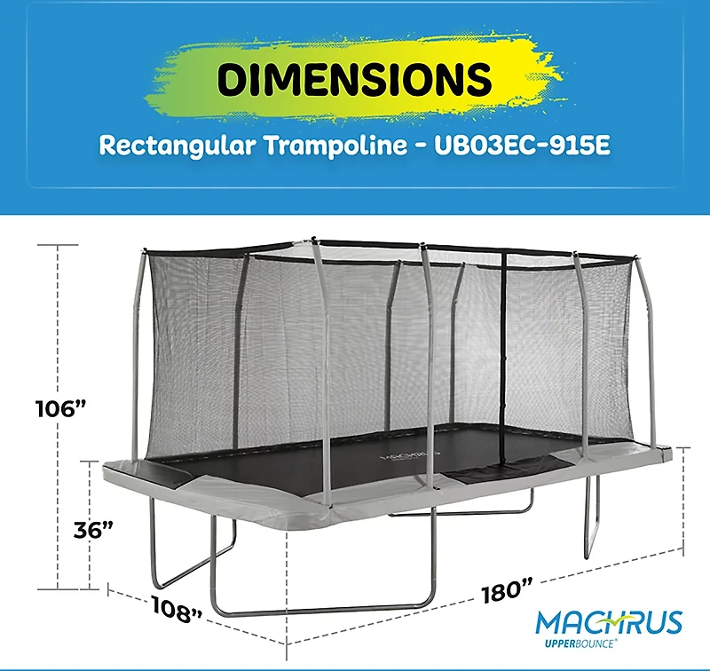 Machrus Upper Bounce 9 ft x 15 ft Rectangular Gymnastics Style Trampoline with Enclosure