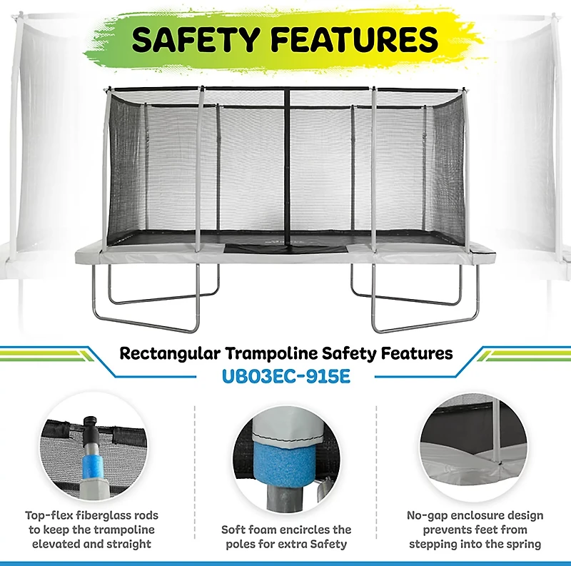 Machrus Upper Bounce 9 ft x 15 ft Rectangular Gymnastics Style Trampoline with Enclosure