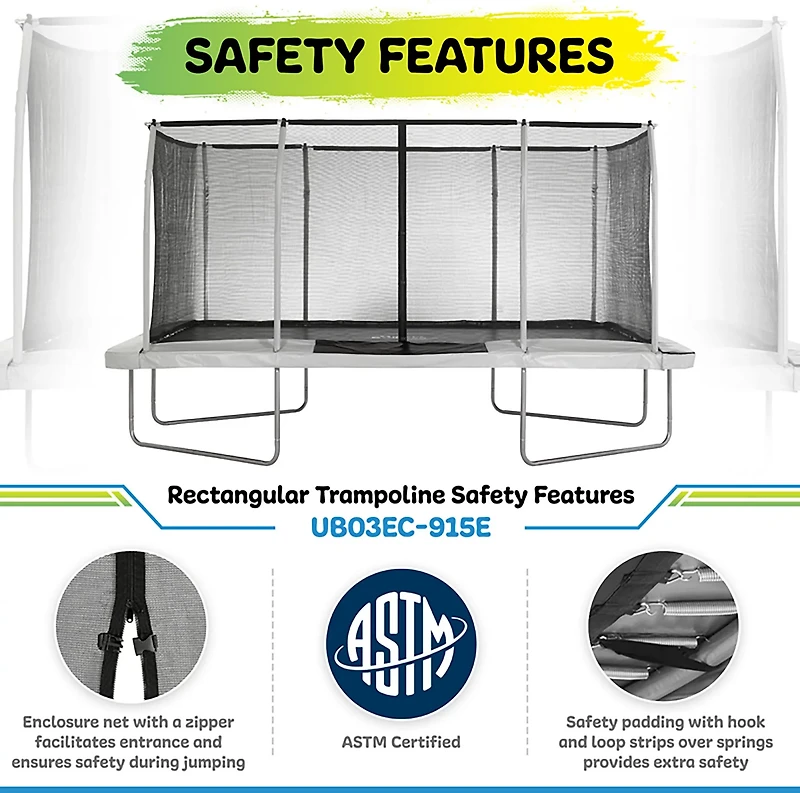 Machrus Upper Bounce 9 ft x 15 ft Rectangular Gymnastics Style Trampoline with Enclosure