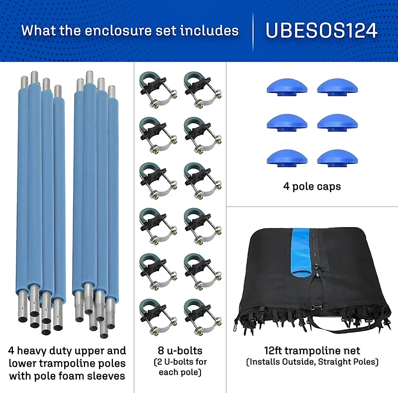 Machrus Upper Bounce 12 ft Round Trampoline 4 Pole Safety Enclosure Set