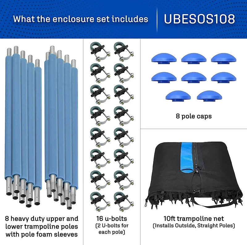 Machrus Upper Bounce 10 ft Round Trampoline Enclosure System with 8 Poles
