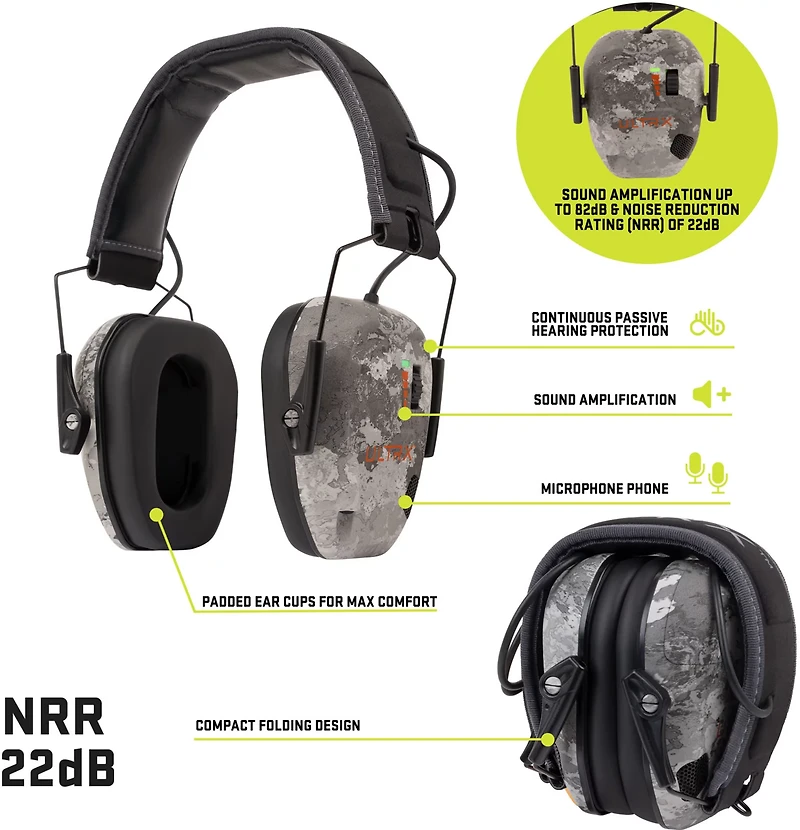 ULTRX Bionic Electronic Veil Tac Gray Camo Earmuffs