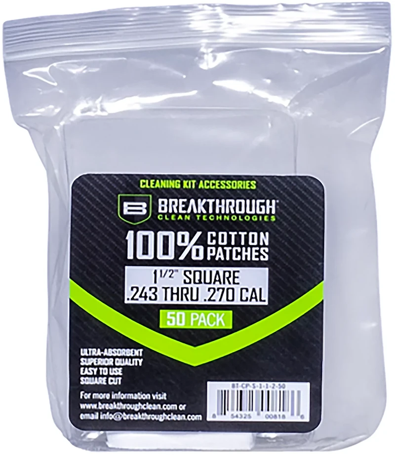 Breakthrough Clean Technologies 1.5 in Square .243-.270 Caliber Cotton Patches 50-Pack