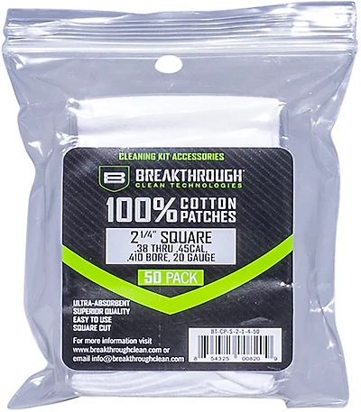 Breakthrough Clean Technologies 2.25 in Square .38-.45 Caliber .410 Bore and 20-Gauge Cotton Patches 50-Pack