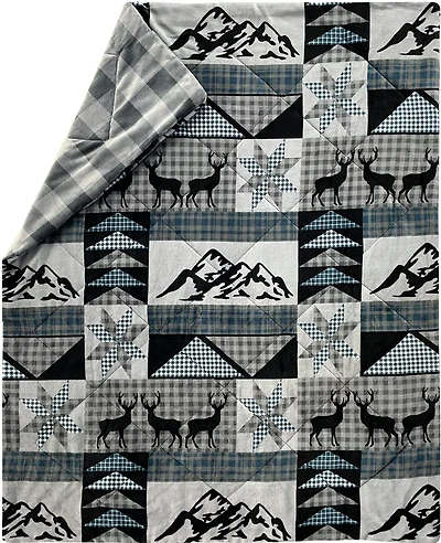 Coleman Quilted Reversible 50x60 Plush Blue Ridge Deer Patchwork Throw Blanket