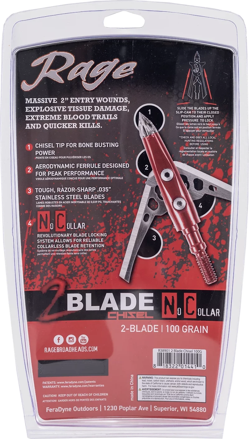 RAGE 2 Blade No Collar Chisel Tip 100-Grain Broadheads 3-Pack