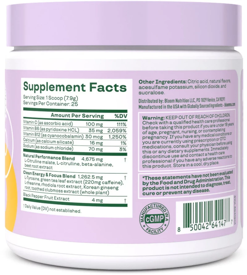 Bloom Nutrition High Energy Raspberry Lemonade Pre-Workout Powder