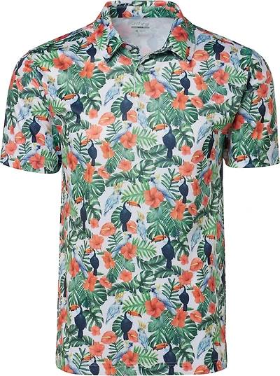 BCG Men's Golf Tropical Birds Printed Polo Shirt