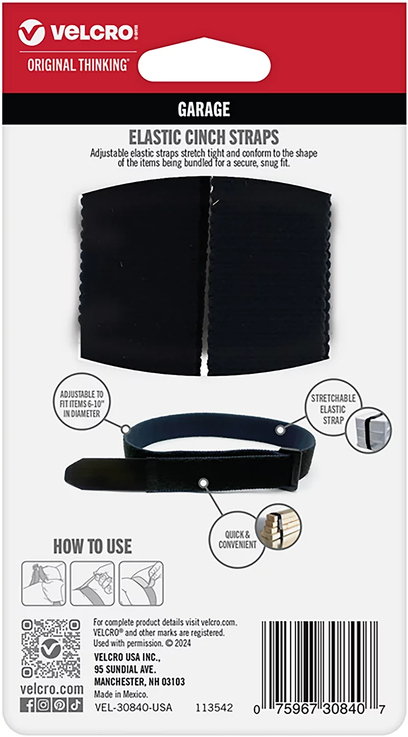 VELCRO Elastic 30 in x 1 in Cinch Straps 2-Pack