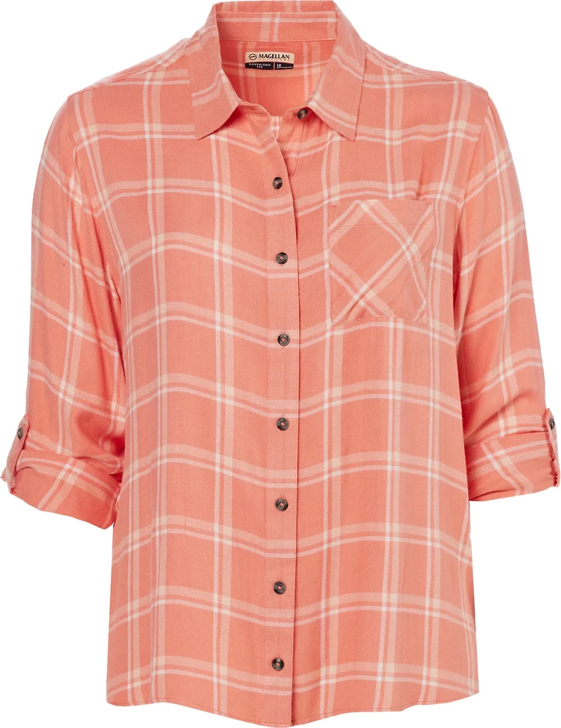 Magellan Outdoors Women's Willow Creek Long Sleeve Plaid Button Down Plus Blouse