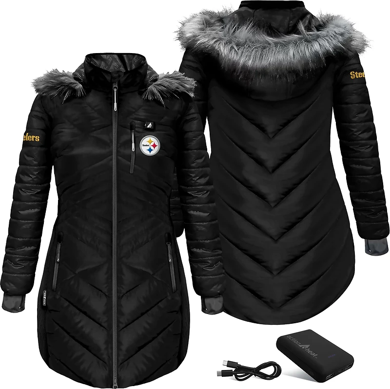 ActionHeat Women's Steelers 5V Long Puffer Battery Heated Jacket