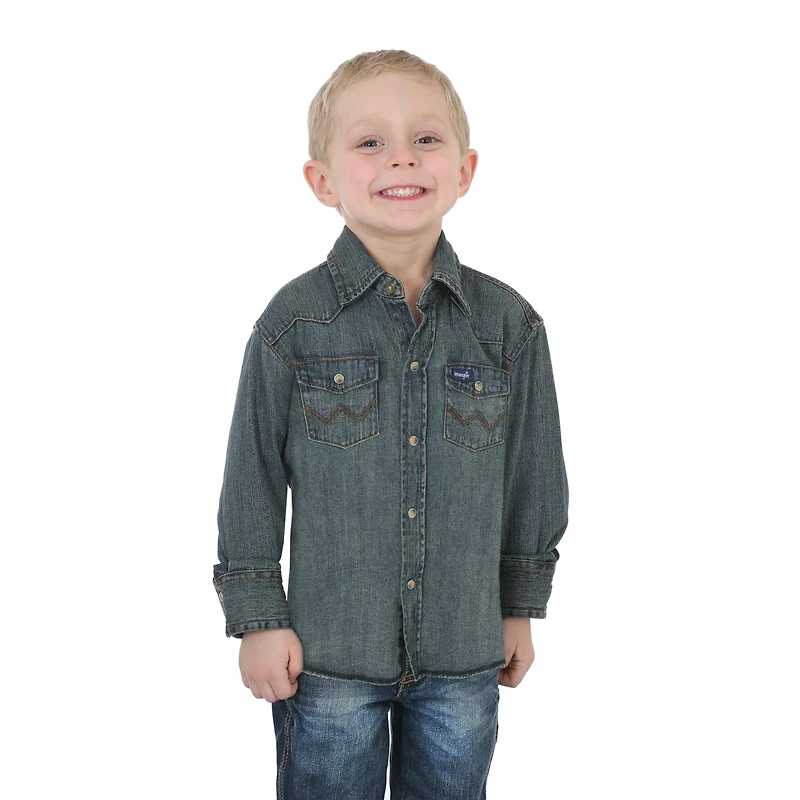 Wrangler Boys' Cowboy Cut Western Denim Snap Long Sleeve Shirt