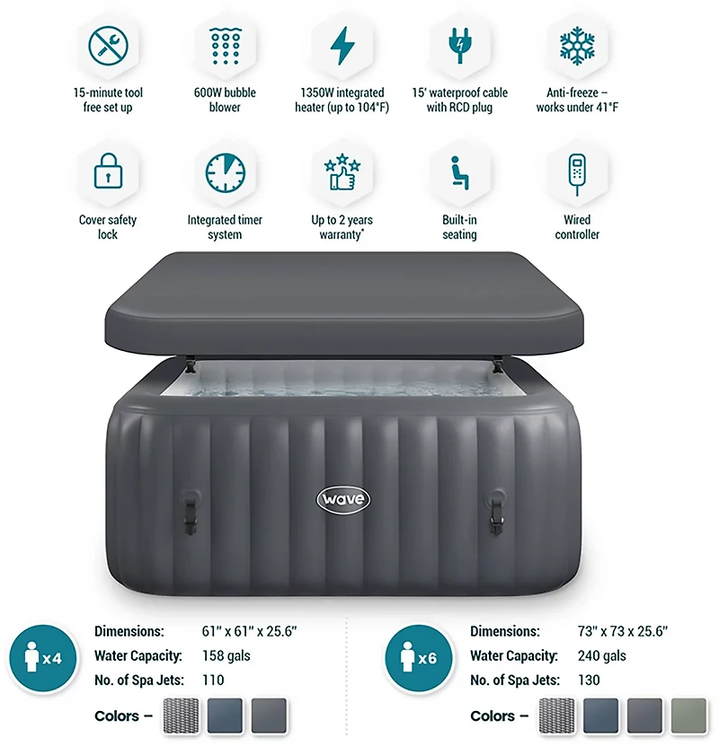 Wave Pacific 6 ft Square Inflatable Hot Tub