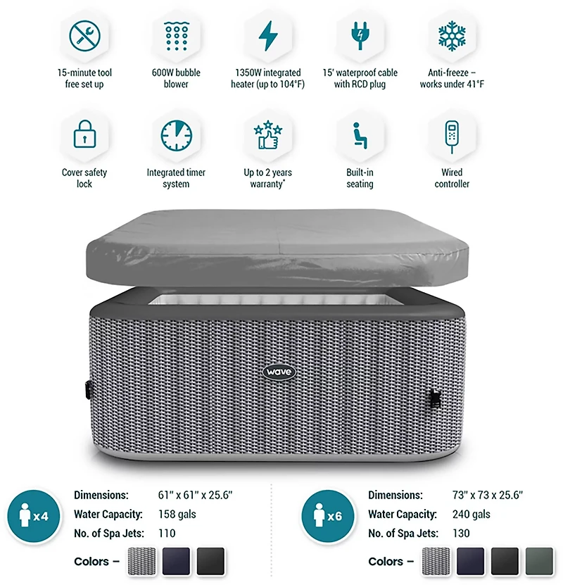 Wave Pacific 6 ft Square Inflatable Hot Tub