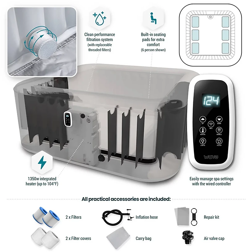 Wave Pacific 6 ft Square Inflatable Hot Tub