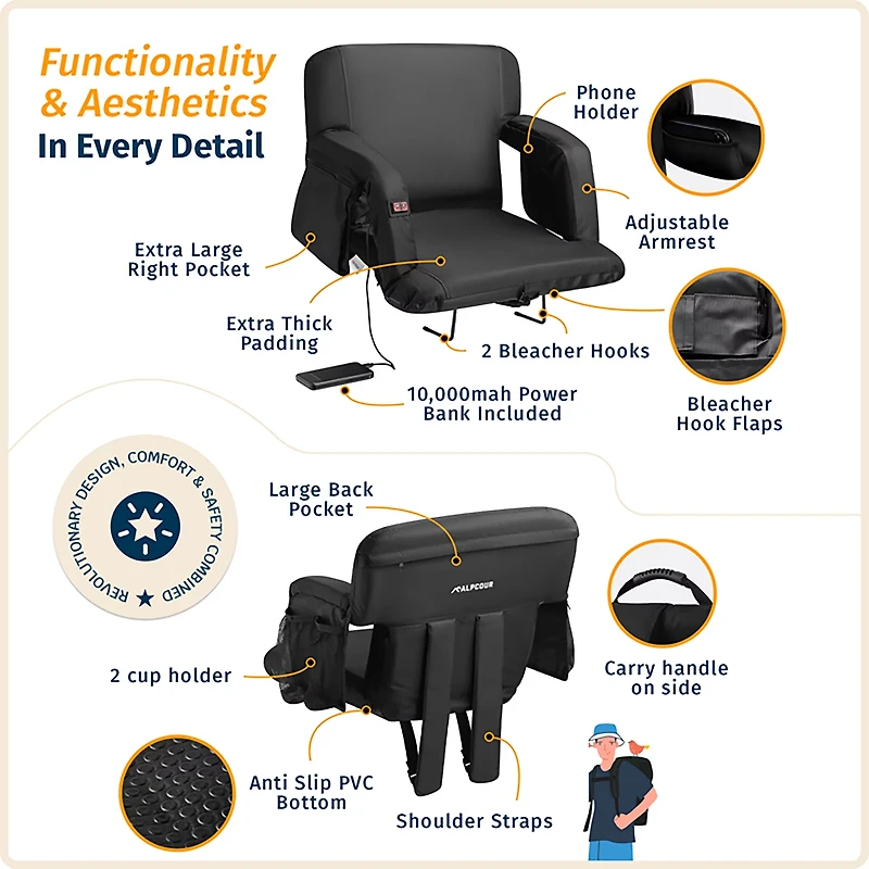 Alpcour Premium Reclining Heated Massage Extra Wide Stadium Seat