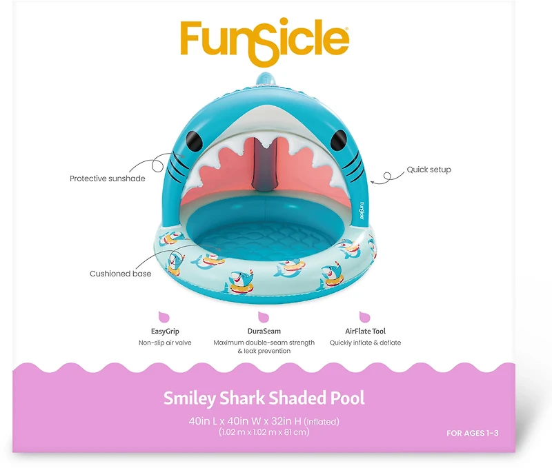 Funsicle Smiley Shark 3.3 ft Inflatable Shaded Pool