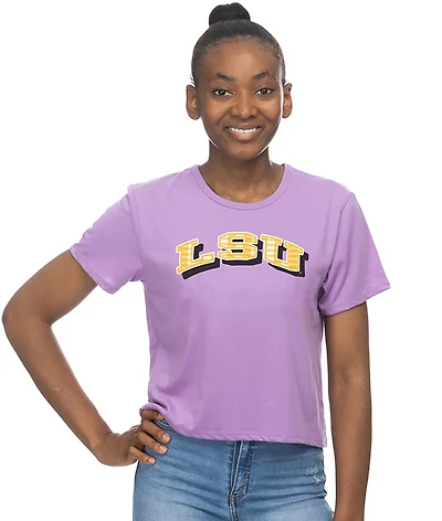 ZooZatz Women's LSU Gingham Arch Crop T-shirt