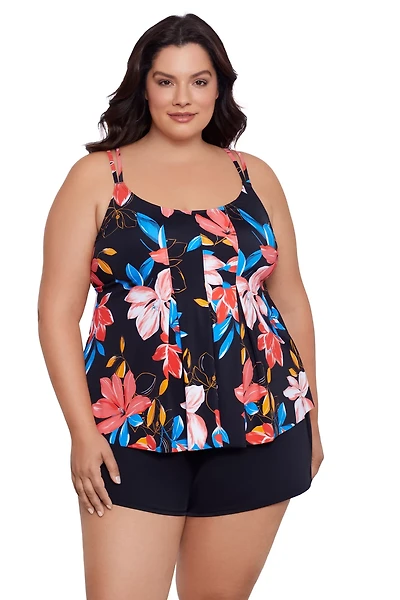 Swim Solutions Women's Plus Floral Pleated Tankini Top