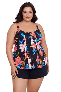 Swim Solutions Women's Plus Floral Pleated Tankini Top