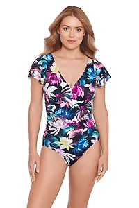 Swim Solutions Women's Dark Lotus Flutter Sleeve Mio One Piece Swimsuit