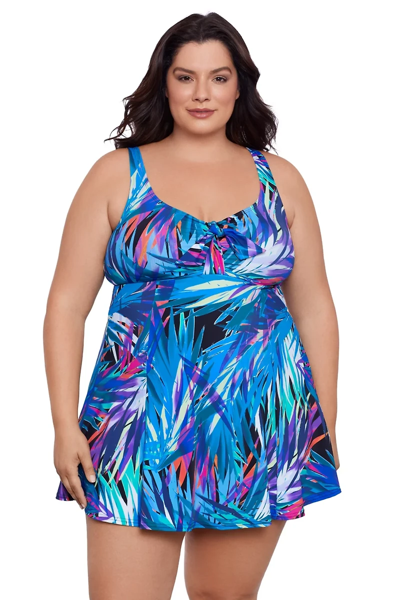 Swim Solutions Women's Plus Flirty Tropical Leaves Bow Front Swimdress