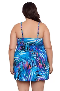 Swim Solutions Women's Plus Flirty Tropical Leaves Bow Front Swimdress