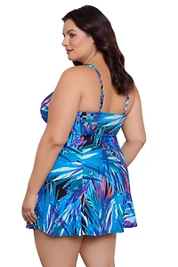 Swim Solutions Women's Plus Flirty Tropical Leaves Bow Front Swimdress