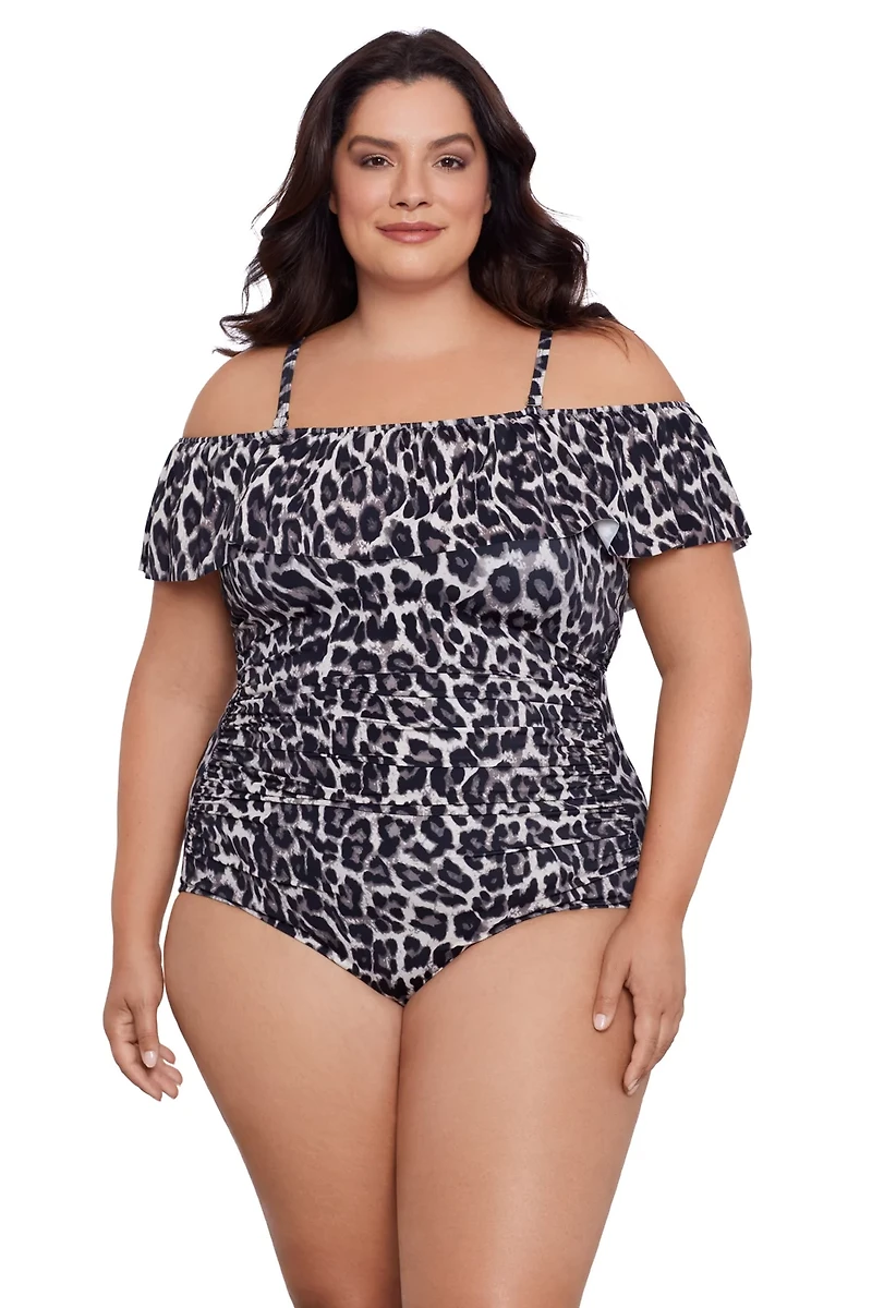 Swim Solutions Women's Leaping Leopards Off Shoulder Ruffle Mio One Piece Swimsuit