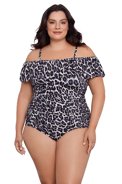 Swim Solutions Women's Leaping Leopards Off Shoulder Ruffle Mio One Piece Swimsuit