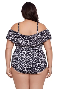 Swim Solutions Women's Leaping Leopards Off Shoulder Ruffle Mio One Piece Swimsuit