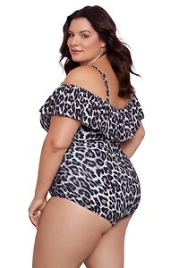 Swim Solutions Women's Leaping Leopards Off Shoulder Ruffle Mio One Piece Swimsuit