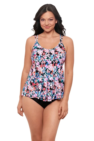 Swim Solutions Women's Blushing Flowers Pleated Front Tankini Top