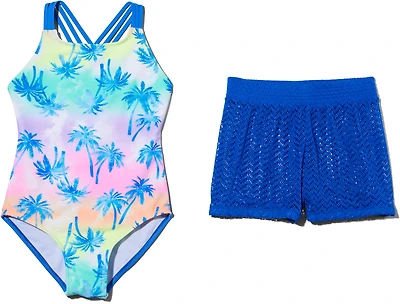 O'Rageous Girls' Palm Rainbow 1-Piece Swimsuit Shorts Set
