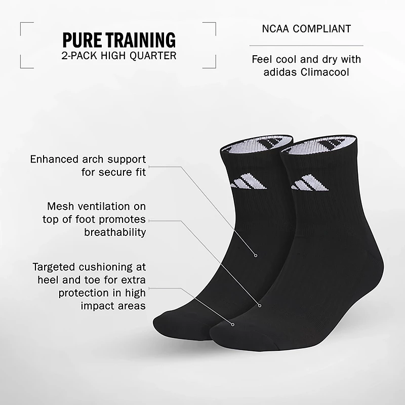 adidas Adults' Pure Training High Quarter Socks 2-Pack