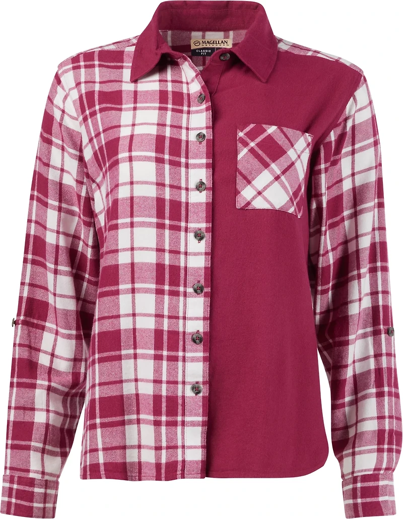 Magellan Outdoors Women's Willow Creek Mixed Media Plaid Long Sleeve Blouse