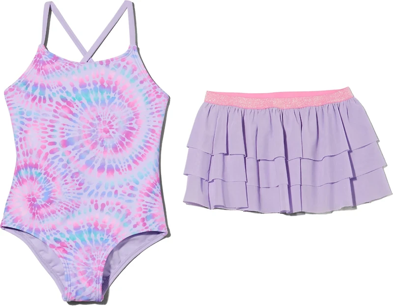 O'Rageous Girls' 4-6X Psychedelic Swirl 1-Piece Swimsuit Skirt Set