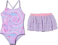 O'Rageous Girls' 4-6X Psychedelic Swirl 1-Piece Swimsuit Skirt Set