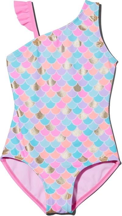 O'Rageous Girls' 4-6X Mermaid Scales 1-Piece Ruffle Swimsuit