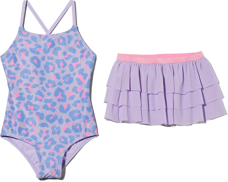 O'Rageous Girls' 4-6X Spotty Leopard 1-Piece Swimsuit Skirt Set